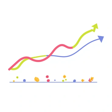 A stock chart with curved lines flowing upward, depicting trends and movements. The lines are in bright colors such as red, green, and blue, creating a vibrant contrast against a white background. At the bottom of the chart, small icons representing stocks are scattered, each with a unique shape and color. The overall composition showcases the dynamic nature of the stock market, with the flowing lines illustrating fluctuations.