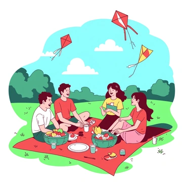 A group of friends is sitting on a red picnic blanket spread out on the green grass in the park. They are surrounded by various picnic items, including a teal basket filled with fruit, sandwiches, and drinks. Some friends are laughing and sharing stories, while others are enjoying the food. Above them, colorful kites in different shapes and sizes are fluttering in the bright blue sky. The kites are dancing in the wind, adding a lively atmosphere to the scene. The sun is shining, creating a warm and joyful ambiance.