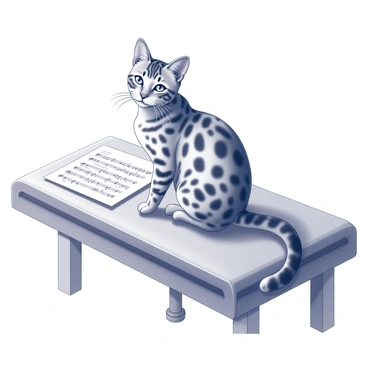 A Bengal cat with distinctive spots sitting on a piano bench. The cat is looking toward the viewer, showcasing its striking coat pattern. Next to the cat, there is a flat surface displaying sheet music. The sheet music appears to be part of a classic piece, with neatly printed notes and symbols. The piano bench has an elegant design, complementing the setting. Soft light falls across the scene, highlighting the textures of the cat's fur and the paper.