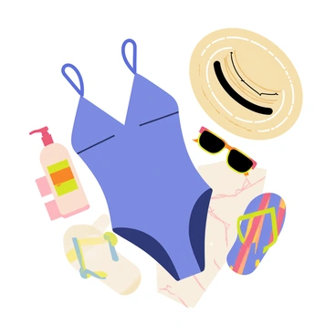 A flat lay arrangement featuring a bright blue swimsuit laid out neatly. Beside it, there is a bottle of sunscreen with a vibrant label, positioned next to a pair of colorful flip-flops. A beach towel with a striped pattern is partially visible underneath, along with a pair of stylish sunglasses resting atop the towel. A small straw hat is placed at the corner of the layout, adding a touch of charm to the scene.
