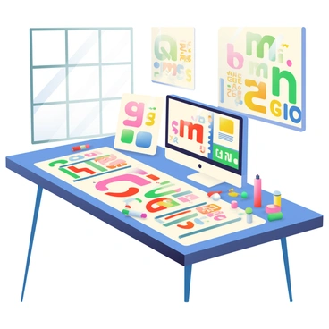 A creative workspace featuring a large table covered with colorful typography sketches in various styles. There are design tools scattered around, including markers, pencils, and an assortment of paint tubes. One corner of the table has a sketchbook opened to a page filled with vibrant lettering, while a computer monitor displays a graphic design software interface. A bright light source from a nearby window illuminates the space, casting soft shadows on the sketches. Walls in the background showcase more typography artwork in frames, adding to the creative ambiance of the room.