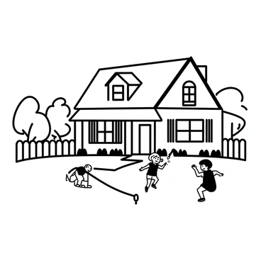 A typical suburban house with a gabled roof, featuring a front porch and symmetrical windows. The house is surrounded by a well-maintained lawn, neatly trimmed with small flower beds along the walkway. A white picket fence encircles the property, providing a defined boundary. In the foreground, two children are playing outside; one child is swinging from a swing set while the other is playing with a ball. There are trees in the background, adding to the neighborhood atmosphere.