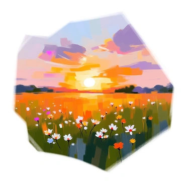 A tranquil field stretches out under a vibrant sunset, with the sun dipping below the horizon. The sky is painted in shades of orange, pink, and purple, creating a beautiful backdrop. Long shadows are cast across the lush green grass, emphasizing the gentle undulations of the terrain. Small wildflowers speckle the field, their colors illuminated by the fading light. A few fluffy clouds are scattered in the sky, reflecting the hues of the sunset.