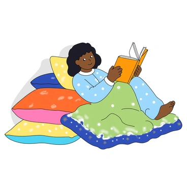 A person with medium skin tone is cuddled up in a cozy corner, leaning against a wall while immersed in reading a book. They have wavy black hair that falls gently around their face. The individual is wearing soft, comfortable pajamas in light blue with white polka dots. A pile of colorful cushions in various shapes and sizes surrounds them, with vibrant patterns and textures. The book they are reading has a bright cover and is held close to their face, casting a soft shadow on the cushions. A warm blanket is draped over their lap, adding to the snug atmosphere.