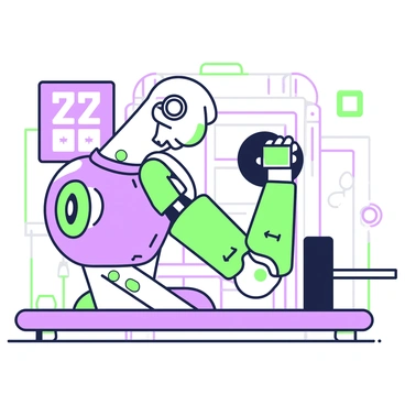 A robotic arm is positioned in front of a weightlifting bench, designed specifically to perform barbell curls. The arm features multiple joints and a metallic finish, showcasing intricate mechanical details. It is gripping a barbell loaded with weights that are clearly defined. The arm is bent at the elbow, simulating the motion of lifting the barbell towards its shoulder. A digital display panel is mounted nearby, indicating the number of repetitions completed. The background includes a gym environment, with various fitness equipment visible.