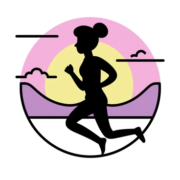 A silhouette of a runner in a dynamic pose, with arms pumping and legs extended. The runner is positioned centrally in the image, set against a backdrop of a colorful sunset sky. The sky features bold hues of orange, pink, and purple, gradually blending into darker shades at the top. The outlines of fluffy clouds can be seen, adding texture to the scene.