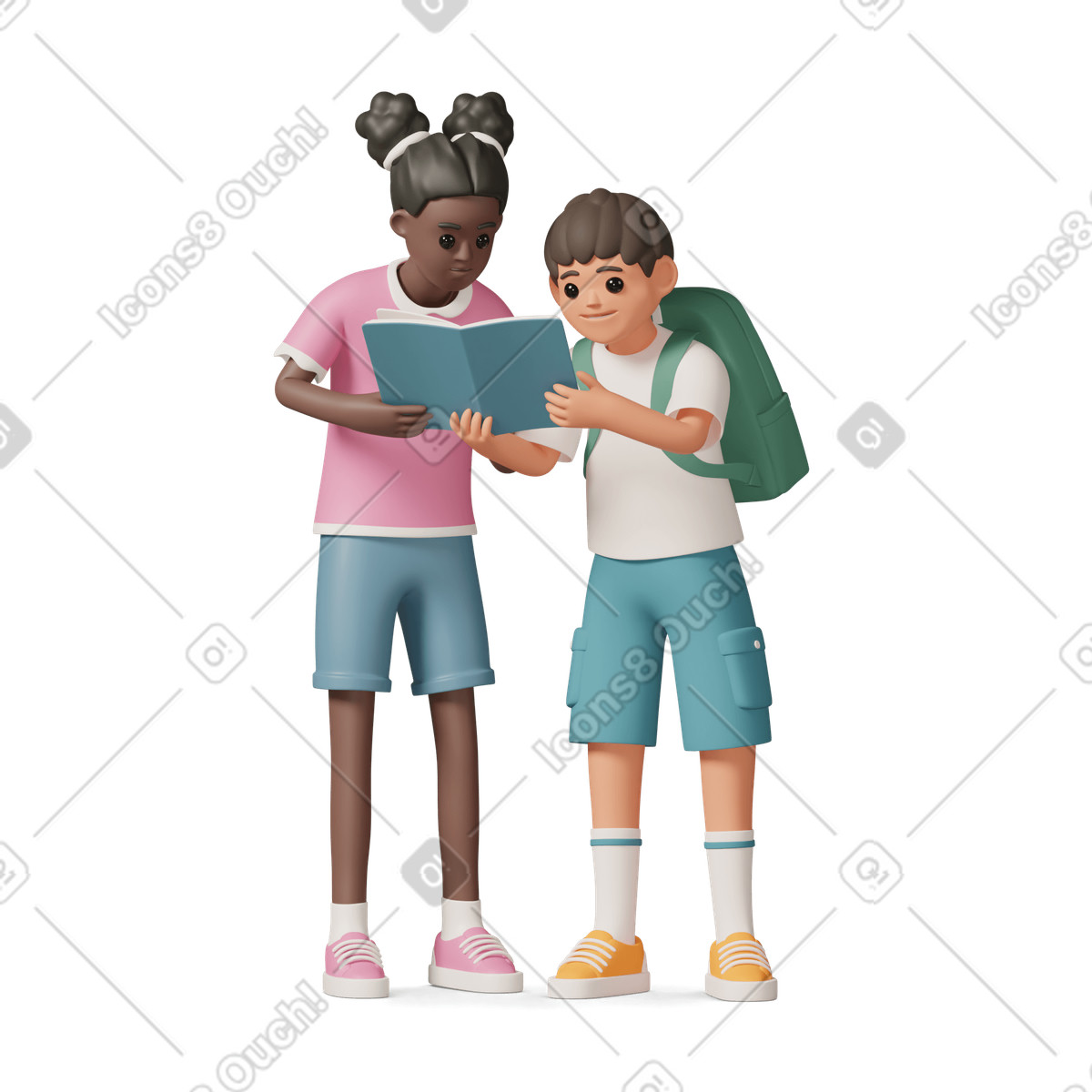Girl and boy with backpack reading book-Illustration im 3D Casual life-Stil als Download in PNG, SVG