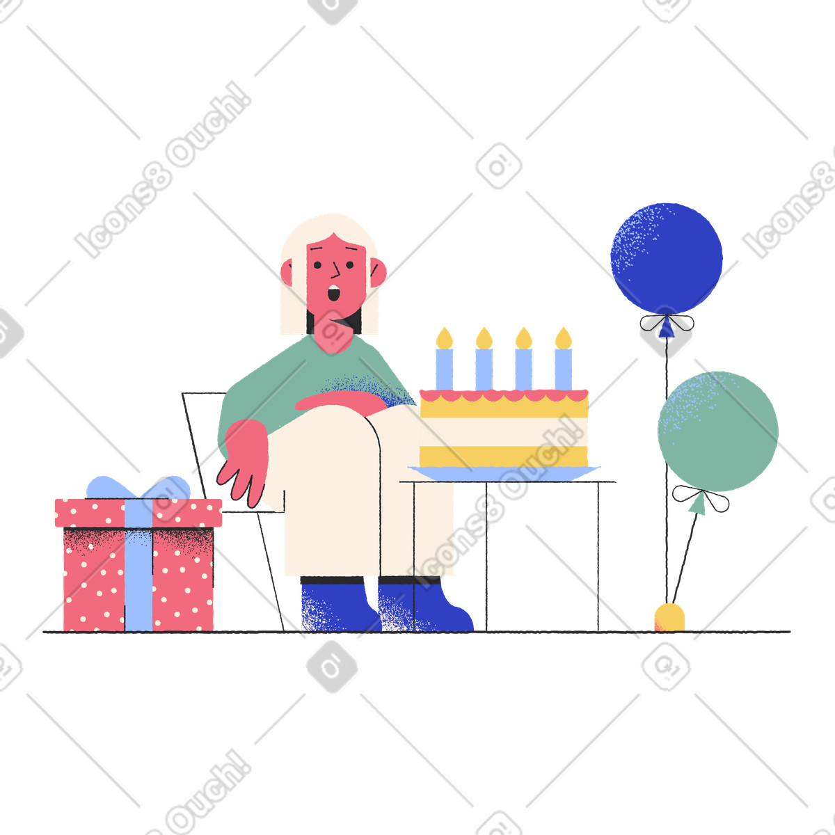 Ilustración Chica sentada cerca de globos y pastel cumpleaños en estilo Pablo a descargar en PNG SVG