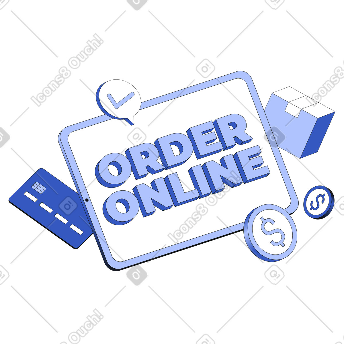 Order online promotion with card and delivery box, Digital retail sale illustration in Techny style download in PNG, SVG
