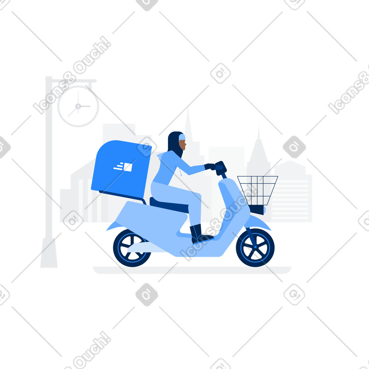 Ilustración Mensajero femenino montando un ciclomotor en estilo Urban a descargar en PNG y SVG