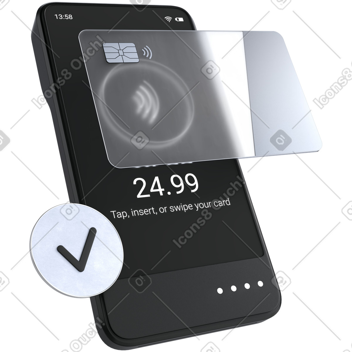 Conferma di pagamento contactless, transazione con carta credito, sicuro tramite nfc illustrazione in stile 3D Pro scarica in PNG, SVG