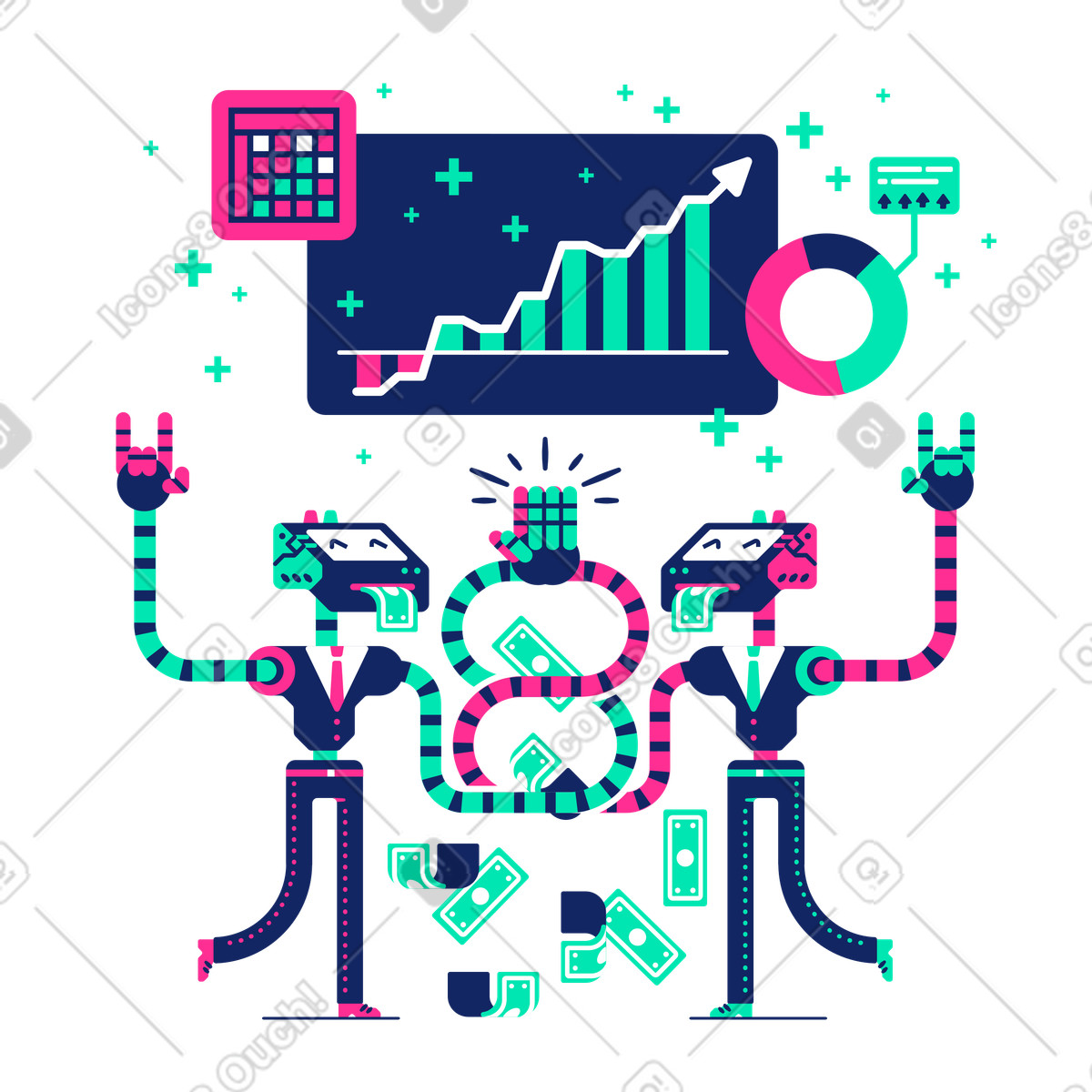 Robots with growth chart celebrating financial success illustration in PNG, SVG