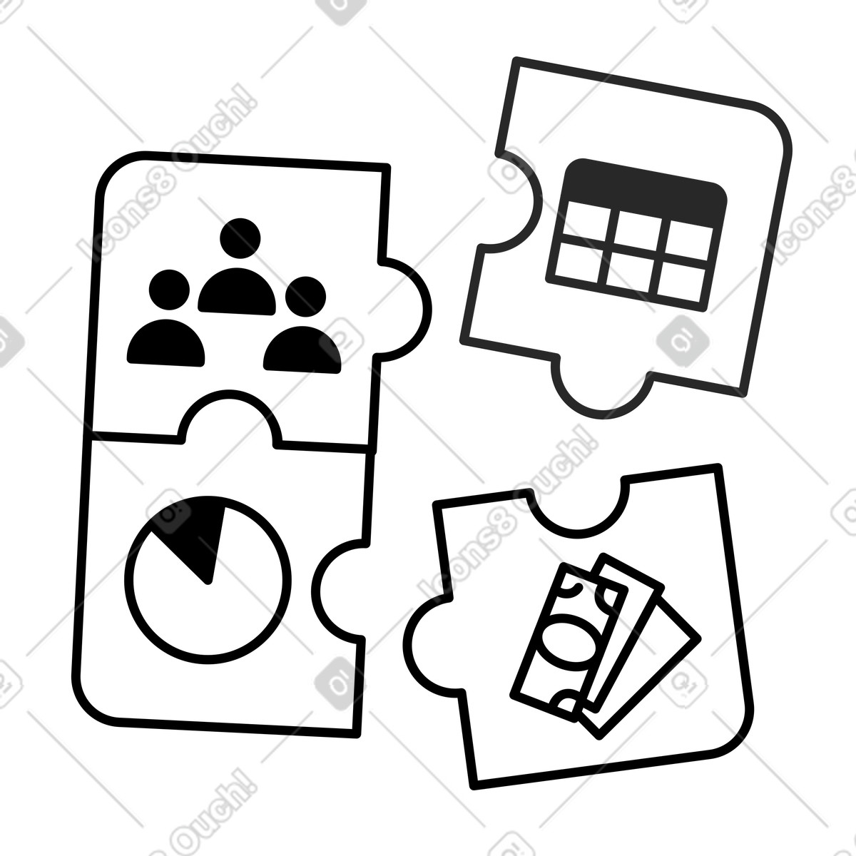 Ilustración Puzzle pieces connecting teamwork chart and money finance icons together en estilo Notion Line Art a descargar en PNG y SVG