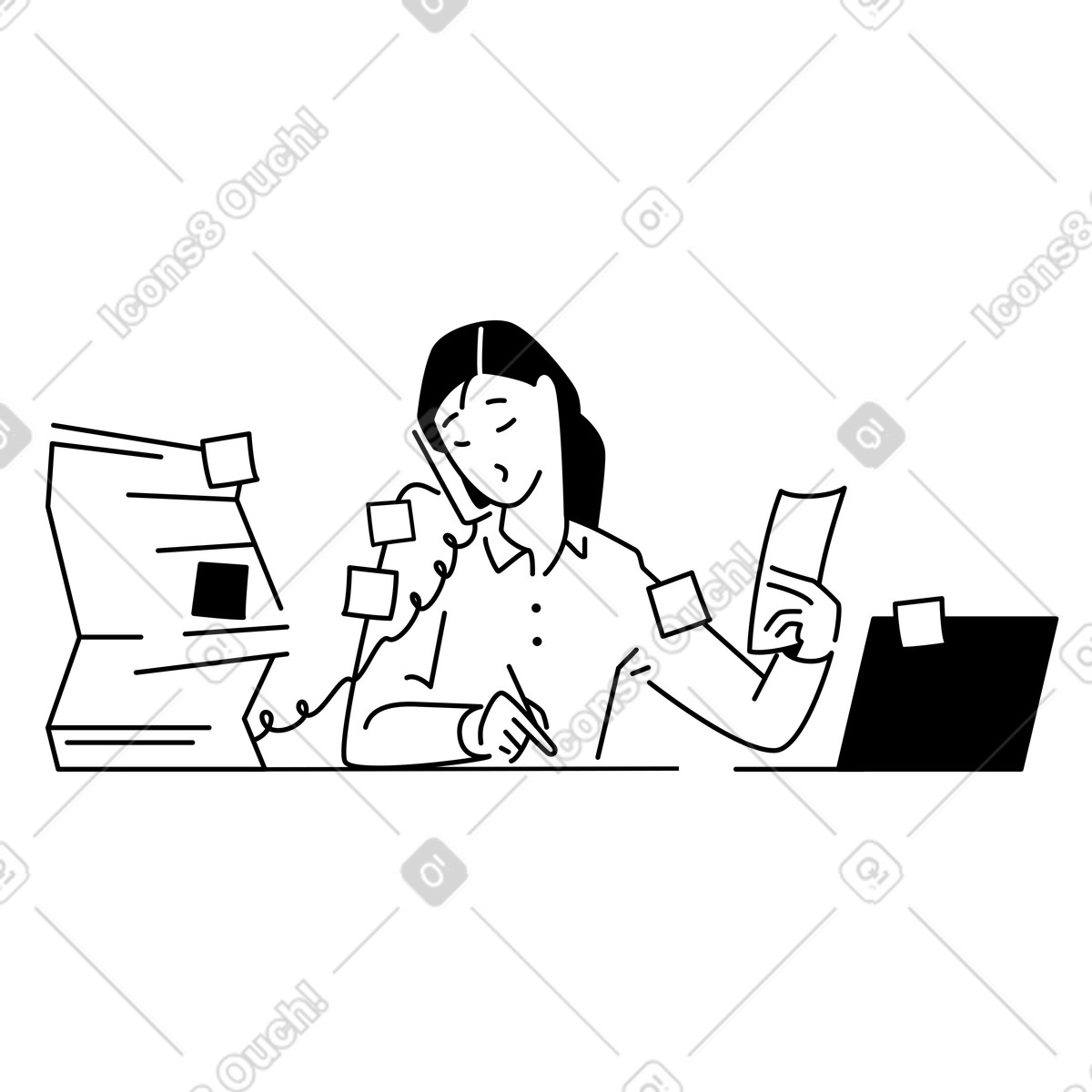 下载 Weekday 风格的 Employee surrounded by papers and sticky notes, Workplace stress or efficiency 动画插图，支持 GIF、Lottie （JSON）、AE 格式