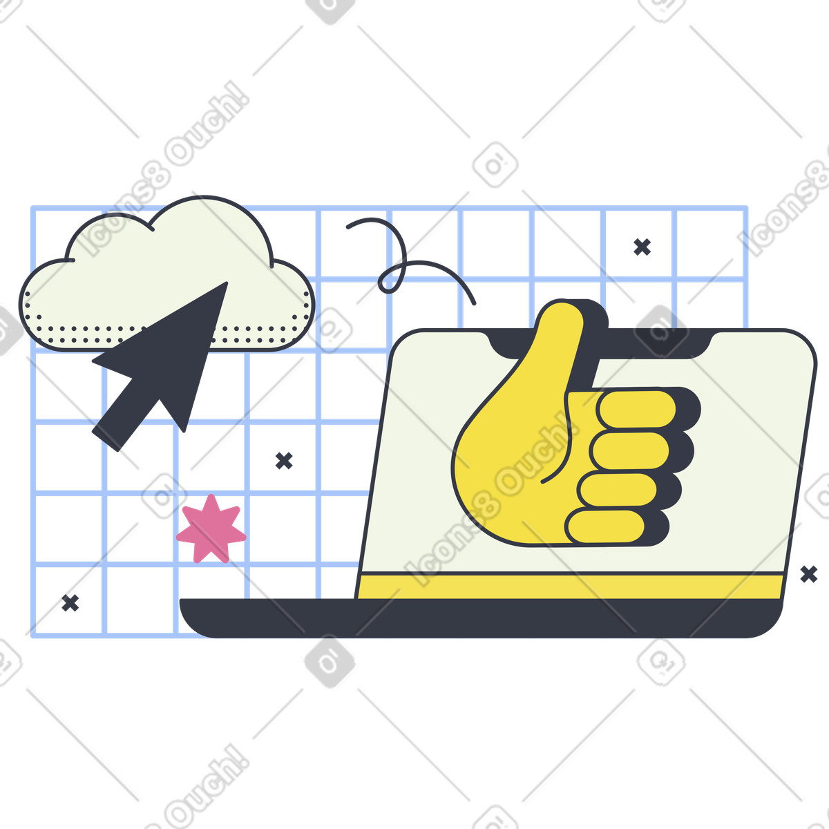 下载 Abstract 风格的 竖起大拇指和云存储的笔记本电脑 插画，支持 PNG、SVG 格式