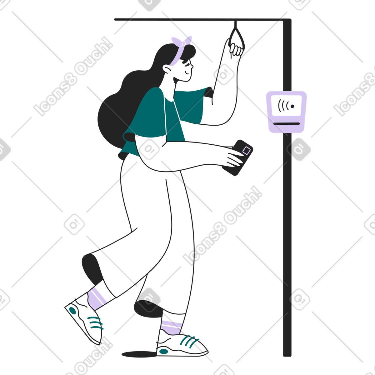 Bus passenger paying for ticket with smartphone, Contactless payment in public transport-Illustration im Sammy Line-Stil als Download PNG, SVG