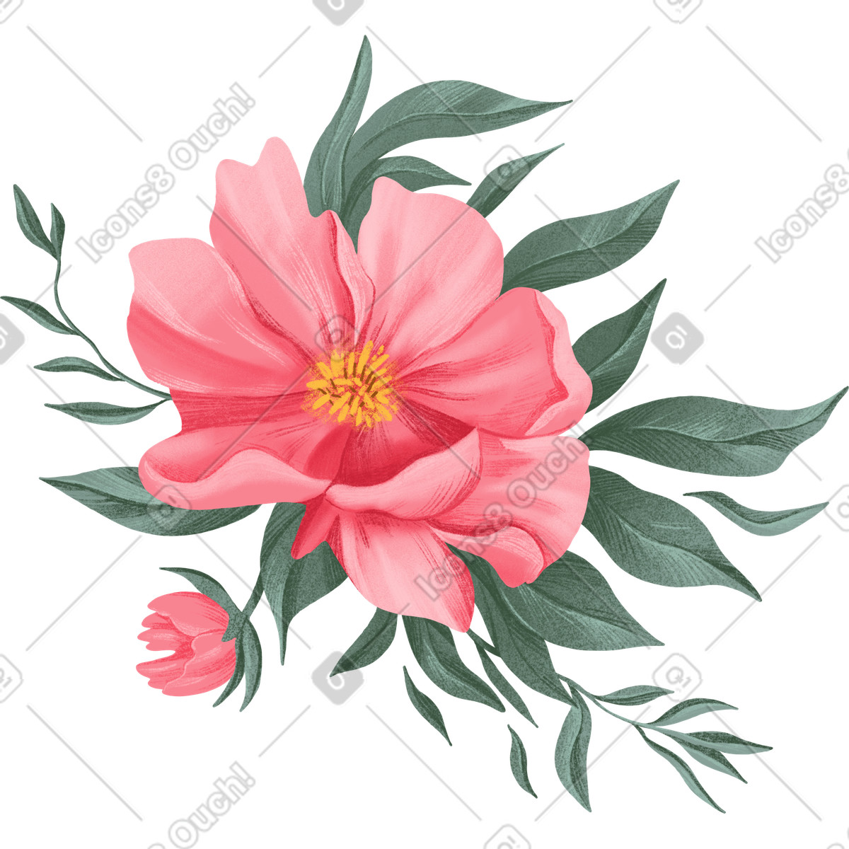Große rosa blume mit kleiner knospe und blättern-Illustration im Floral-Stil als Download in PNG, SVG