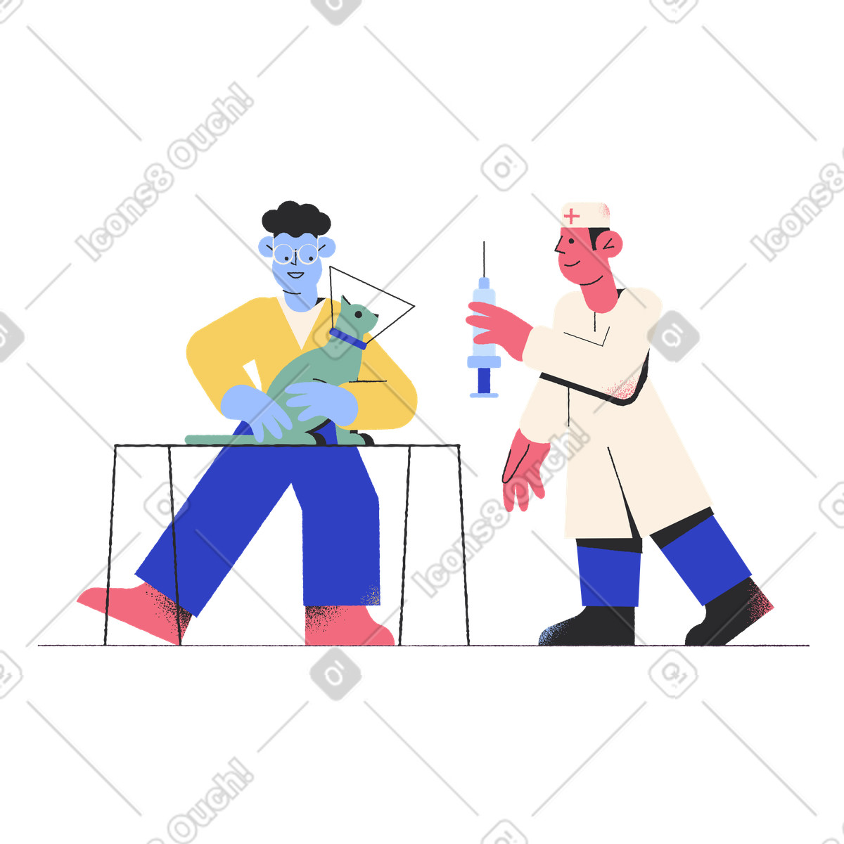 Illustration Veterinarian giving injection to cat, Preventive pet care dans le style Pablo à télécharger aux formats PNG, SVG