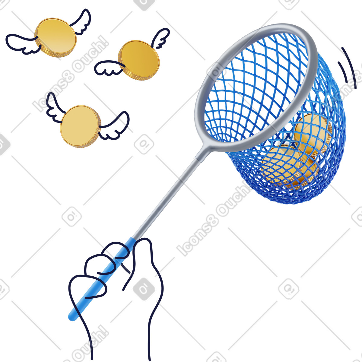 Catching flying coins with net, Personal finance and savings strategy, Financial opportunity and wealth management animated illustration in GIF, Lottie (JSON), AE