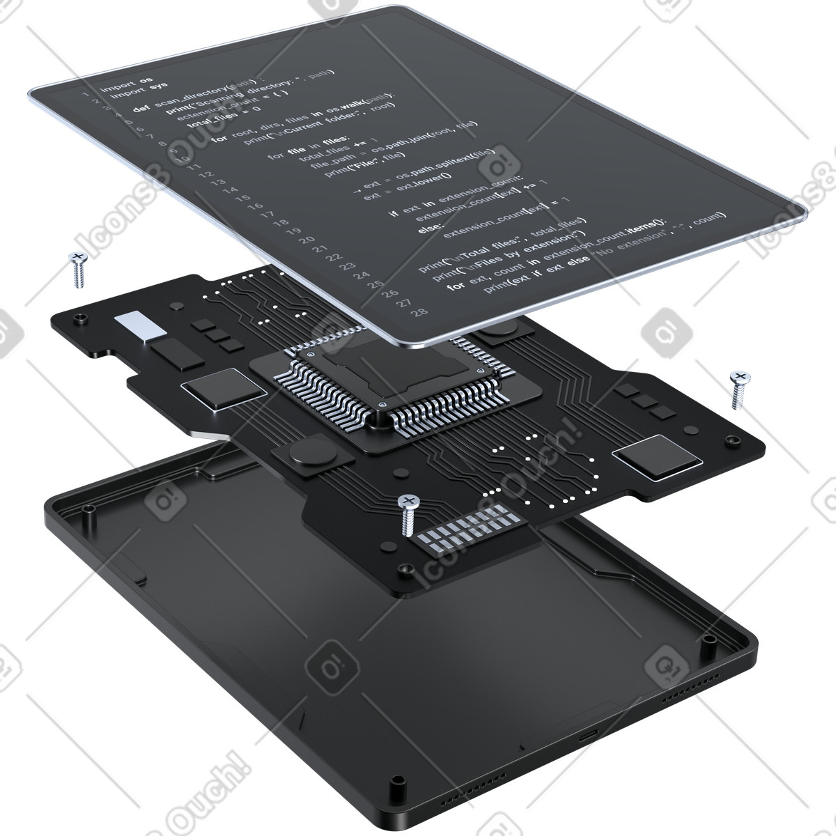 Tablet exploded view showing code interface and internal electronic circuit board-Illustration im 3D Pro-Stil als Download in PNG, SVG