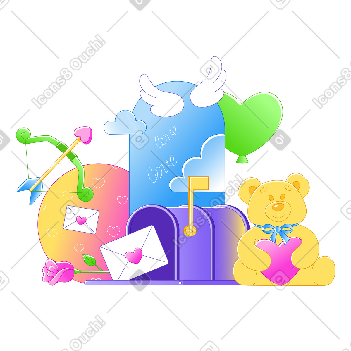 Valentine's Day mailbox and teddy bear illustration in Rainbow style download in PNG, SVG