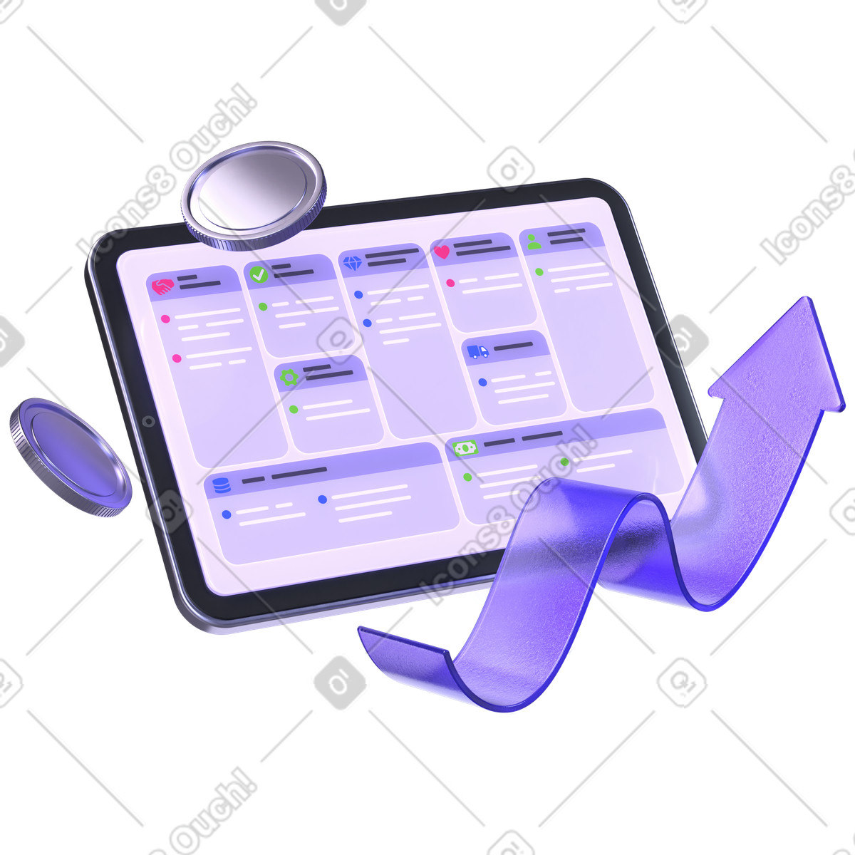 Digital task board interface on tablet, workflow optimization and business success illustration in 3D Boost style download in PNG, SVG