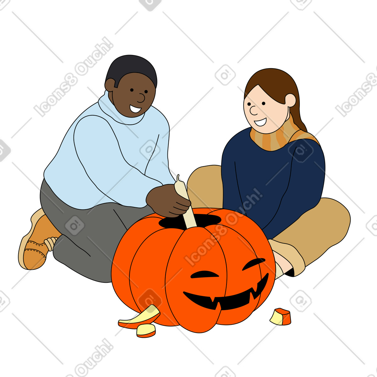 Ilustração de Homem e mulher esculpindo uma abóbora no halloween em estilo Kindy para baixar em PNG, SVG