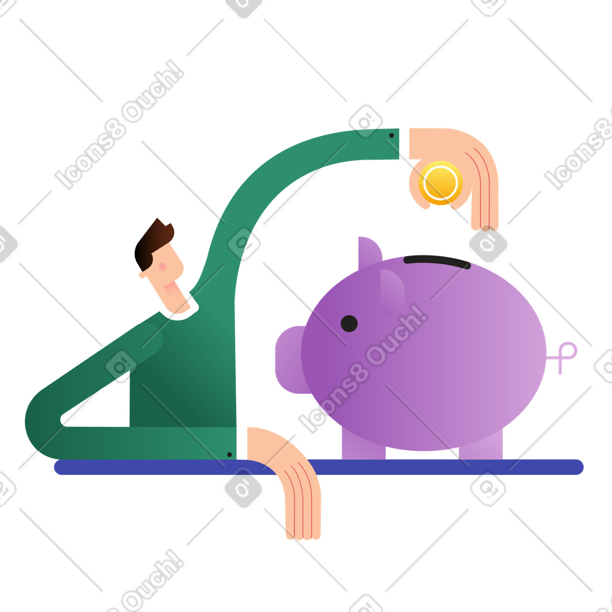 Ilustración Dropping coin into piggy bank, Savings and personal finance en estilo Wavy a descargar en PNG y SVG
