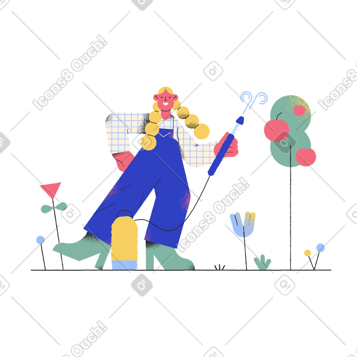 Girl near apple tree with pesticide machine illustration in Pablo style download in PNG, SVG
