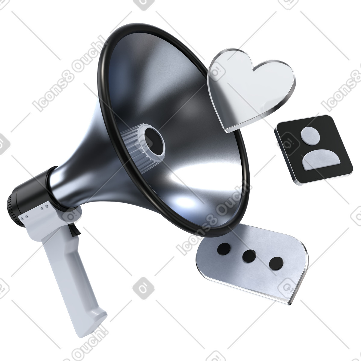 Icone dei social media con altoparlante, consapevolezza del marchio e coinvolgimento cliente illustrazione in stile 3D Pro scarica in PNG, SVG