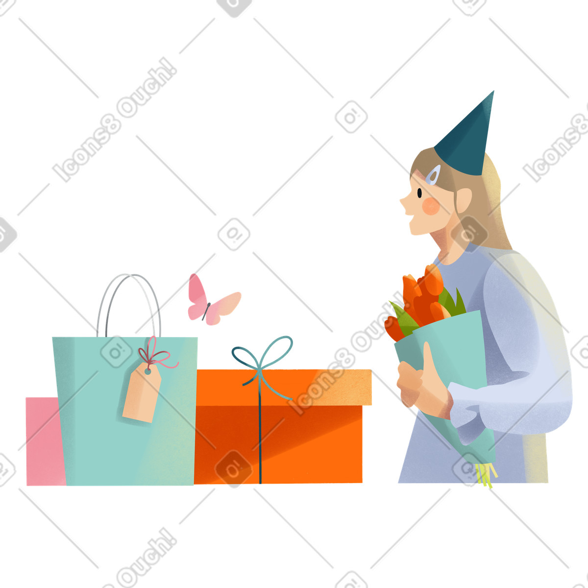 Mädchen erhält geschenke für ihren geburtstag oder einen anderen feiertag-Illustration im Shine-Stil als Download in PNG, SVG