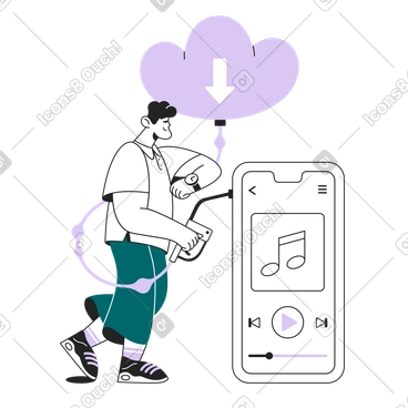 Guy downloads from the cloud to his phone PNG, SVG
