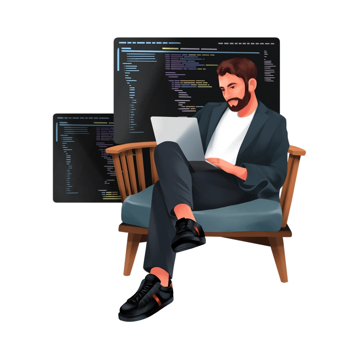 A man coding on a laptop in a chair - Demure style illustration