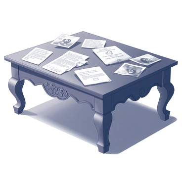 A coffee table made of dark wood with an intricately carved design. The surface is cluttered with scattered, cryptic notes, some handwritten in various scripts, while others are printed on aged paper, all bearing strange symbols and sketches. Old photographs are strewn across the table, featuring faded images of people and places, with some corners curled or torn, suggesting they have been handled frequently. The background includes a soft light casting subtle shadows, enhancing the mysterious atmosphere surrounding the table and its contents.