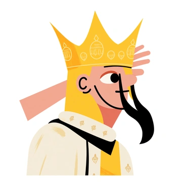 A gold crown with intricate designs and embedded male symbols, featuring elegant curves and sharp points, is being gently placed onto the head of a king. The king has a regal expression, with a well-groomed beard and a majestic robe adorned with ornate patterns. His long hair flows down, creating a striking contrast with the shiny gold of the crown. The scene captures the moment of the crown being secured in place, symbolizing authority and power.