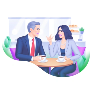 A cozy café interior featuring two politicians sitting at a round wooden table. One politician, a man in a navy suit with a red tie, is engaged in conversation with a woman wearing a light gray blazer and a pearl necklace. Each has a cup of coffee in front of them. The café has soft lighting, with potted plants in the background and a display of pastries visible on the counter. The politicians maintain friendly expressions, showcasing a respectful dialogue amid their differences.