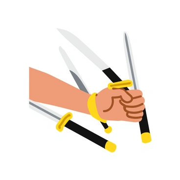 A close-up of "Zoro's hands" gripping "three swords" with deft precision. The swords are depicted with shiny, ornate hilts, and the blades glimmer with a metallic sheen. Each sword is positioned in a unique angle, showcasing Zoro's skill and mastery. The background is blurred to emphasize the intricate details of the swords and the strong grip of his hands. The fingers are tense and defined, revealing the strength and control he possesses.
