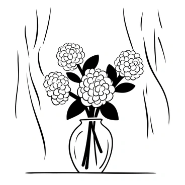 A glass vase filled with colorful hydrangeas set against a backdrop of soft curtains.