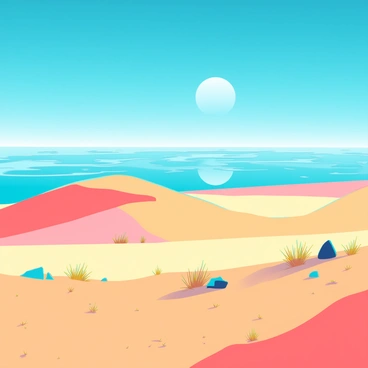 A vast desert landscape with golden sand dunes stretching into the distance under a bright blue sky. The sun is high, casting sharp shadows and creating a heat haze that produces a mirage effect, appearing like shimmering vapor on the horizon. In the foreground, there are sparse patches of dry, yellow grass and small rocks scattered across the sand. The mirage creates the illusion of distant water shimmering, reflecting the sky's color.