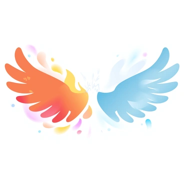 A pair of wings made of flames extends outward, glowing brightly with shades of orange, red, and yellow. The fire wings have intricate patterns that resemble dancing flames. Opposite to them, a set of icy wings spreads wide, shimmering in hues of blue and white, with sharp, crystalline details that reflect light. The fiery wings and the icy wings are facing each other, with sparks flying where they meet, creating a dramatic clash of elements. A faint gradient backdrop enhances the contrast between the warm and cool tones of the wings.