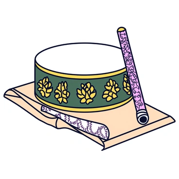 A set of musical instruments including a large drum and a slender flute, both decorated with intricate mehendi patterns. The drum features swirling floral motifs and paisley designs in dark green and gold. The flute is adorned with delicate lace-like patterns, showcasing intricate vines and leaves. The instruments are positioned on a light wooden surface, emphasizing their decorative details.