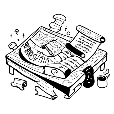 Ancient scrolls scattered across a wooden table, each scroll partially unrolled to display intricate illustrations and text. Some scrolls are tightly wound, while others are frayed at the edges. A quill and an inkpot are placed beside the scrolls, indicating recent usage. Faint outlines of demonic creatures can be seen in the background, hinting at the secrets of demon slaying techniques contained within the scrolls. The wooden table is textured, showing signs of age and use, adding to the historical atmosphere.