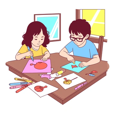 Two children are sitting at a wooden table covered with various sheets of colorful paper. One child, a girl with curly hair, is drawing a big apple on a pink piece of paper using a yellow marker. The other child, a boy with glasses, is carefully cutting out a star shape from a blue piece of paper. Scattered around them are several markers in different colors, a glue stick, and a pile of completed cards featuring drawings of honey pots and shofars. In the background, there is a window with bright sunlight streaming in, illuminating their focused expressions.