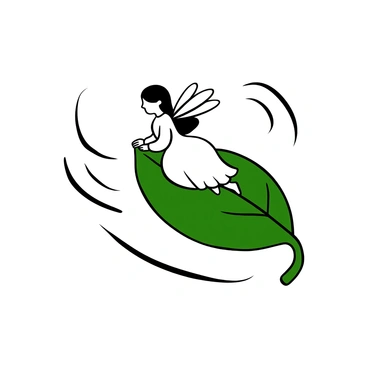 A fairy with delicate wings is perched on a large green leaf, which is gliding through the air. The wind causes the leaf to tilt slightly, creating a sense of movement. The fairy’s hair and flowing dress are being swept back gracefully by the wind, giving an impression of dynamic motion. Surrounding her are swirling gusts depicted as curved lines, enhancing the feeling of her riding the wind.