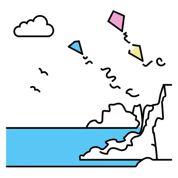 A group of colorful kites soaring in the sky above dramatic seaside cliffs. The kites feature various shapes, including a diamond and a rectangular design, each with vibrant colors like red, blue, and yellow. The cliffs are steep and rugged, with jagged edges that drop down to a rough ocean below, where waves crash against the rocks. The sky is clear with a few fluffy clouds, while seabirds can be seen flying in the distance.