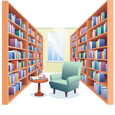 A spacious library features towering shelves, most of which are almost empty. The wooden shelves are a warm brown hue, and they stretch from floor to ceiling. Scattered across the shelves are a few books in various colors, primarily blues and reds, while some books are stacked haphazardly on a nearby wooden table. The room is illuminated by soft, natural light filtering through large windows, casting gentle shadows. In the center of the library, there is a comfortable reading chair upholstered in a muted green fabric, inviting anyone to sit and read. A small, round table beside the chair holds a steaming cup of tea next to an open book.