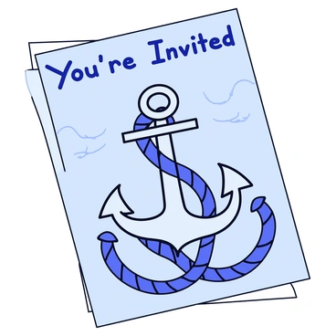 A nautical-themed invitation featuring a prominent anchor in the center. The anchor has a detailed design with a metallic finish. Surrounding the anchor are several coiled ropes, intertwined and arranged artistically around it. The invitation background is a light blue color, resembling the ocean, with subtle wave patterns. The text "You're Invited" is displayed in a bold, playful font at the top of the invitation. The overall design conveys a maritime atmosphere.