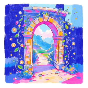 An ancient stone archway stands tall, covered with lush green vines that wrap around its weathered surface. The stones are textured and worn, exhibiting intricate carvings that tell stories of the past. Dotted around the archway are small, glowing magical lights that illuminate the area with a soft, warm glow, casting gentle shadows on the ground. The scene exudes a sense of mystery and enchantment, with the archway serving as a gateway to an unknown realm.