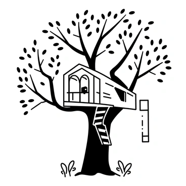 A large oak tree with a thick trunk and expansive branches stretches upward, creating a canopy. Nestled among the branches is a futuristic tree hut, designed with sleek, angular features and large glass windows. The hut has a balcony extending out, surrounded by leaves and twigs. A rope ladder hangs down from the hut, adding a sense of height and adventure. The scene captures the intricate details of the tree’s bark and the texture of the leaves surrounding the hut.
