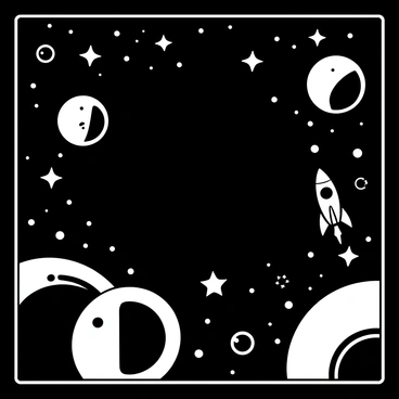 A cosmic frame filled with numerous planets of varying sizes and shapes. There are several stars scattered throughout the scene, shining brightly against a dark background. A sleek rocket ship is positioned near the center of the frame, with details highlighting its fins and propulsion system. The planets are shown in different orientations, some partially obscured by the glow of nearby stars, creating a sense of depth and vastness.